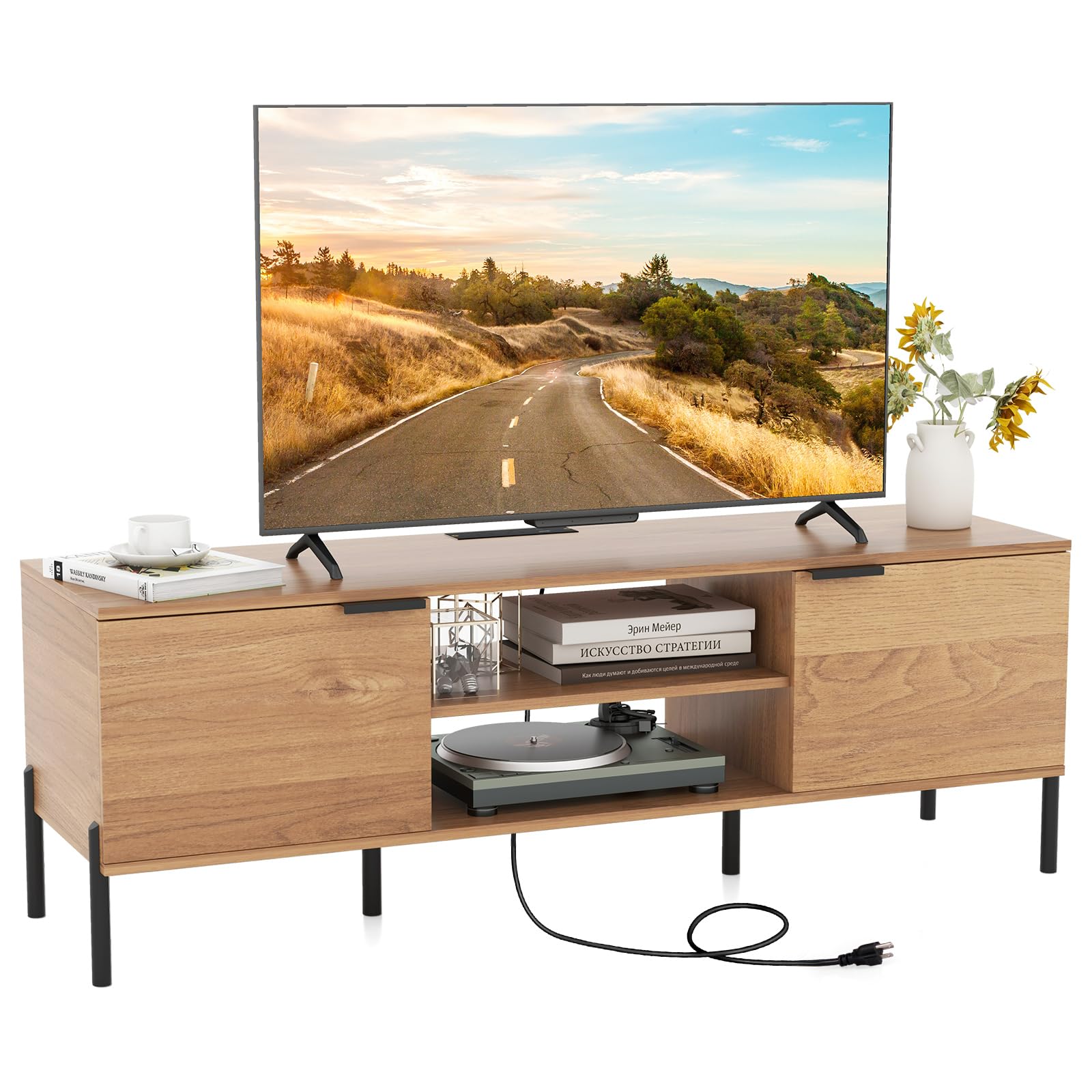 Tangkula 2-Door TV Stand with Charging Station for TVs up to 65”